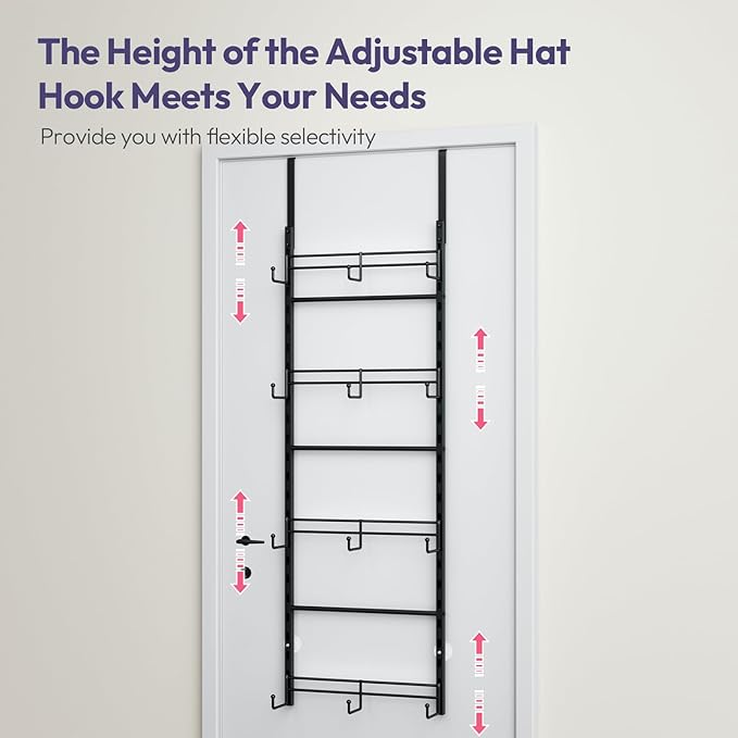 SWTYMIKI Over Door Hat Organizer - 4 Tier Metal Adjustable Wall Mounted Hat Rack with 12 Hooks Design, Hanging Baseball Cap O