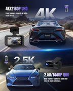 Miofive Dash Cam Front & Rear Dual Channel – Front 4K UHD + Rear 2.5K, Built-in GPS & 5GHz WiFi, 3.0″ IPS Screen, HDR & Night