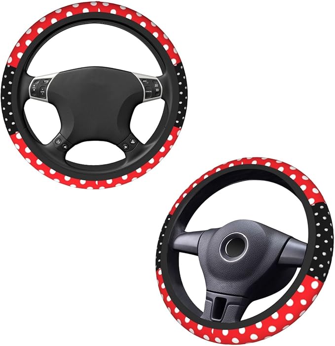 Black Polka Dot Red Bow Steering Wheel Cover,Cute Classic Universal Fit 14-15 inch Steering Wheel Cover for Women Men, Automo