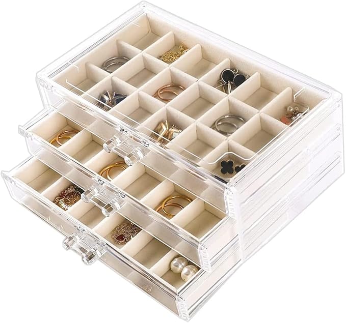 YUFONG Earring Organizer Box Acrylic Jewelry Organizer with 3 Drawers 54 Adjustable Grids Clear Stackable Earring Holder Velv