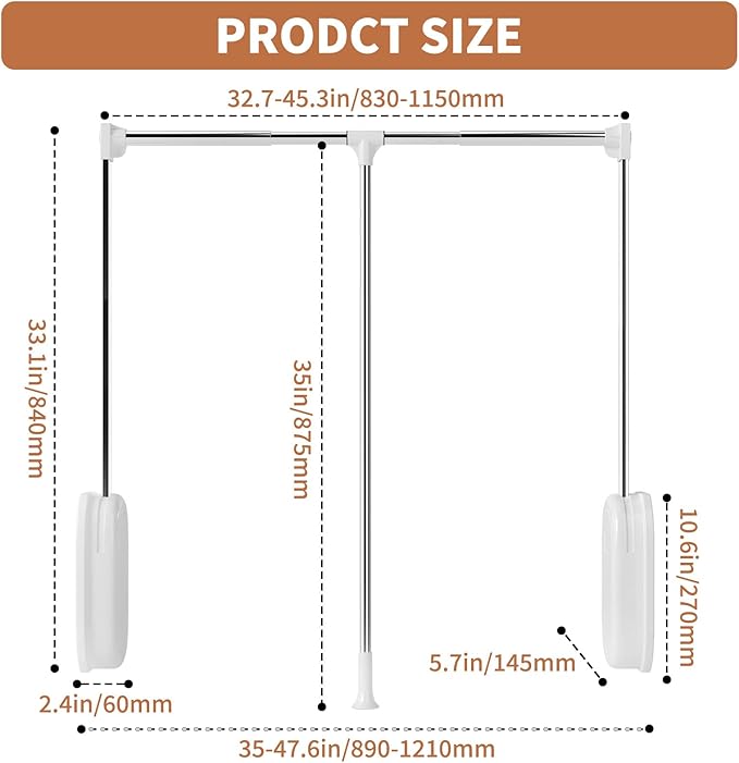 tonchean Heavy Duty Pull Down Closet Rod White, 60 Lbs Load Capacity, Adjustable 33-45 Inch Closet Rods for Hanging Clothes T
