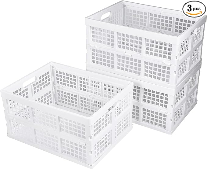 Aebeky 3-Pack Plastic Collapsible Storage Crates-30L,Foldable Plastic Crates for Storage (White)