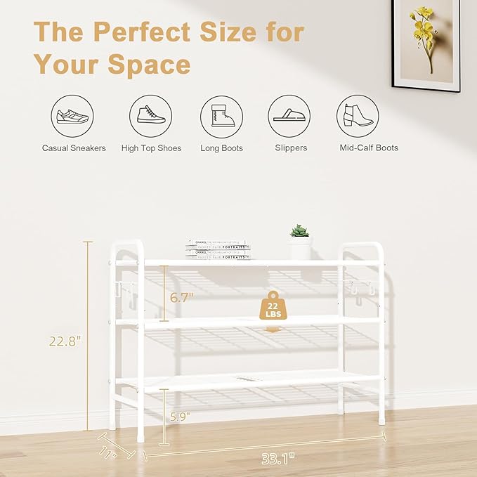 VILICK 3 Tier Shoe Rack 33" Wide Metal Shoe Organizer Long Shoe Storage with 4 Side Hooks Sturdy Shoes Shelf for Front Door E