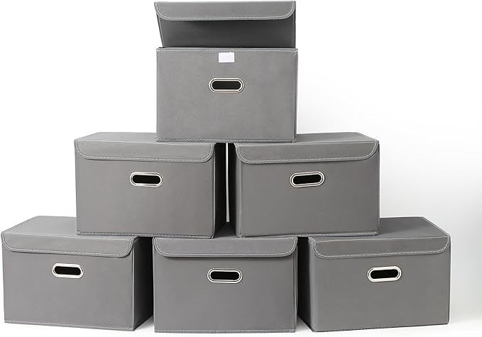 Fabric Foldable Collapsible Storage Cube Bin Organizer Basket with Lid, Handles, Removable Divider for Home, Closet (Grey, 6P