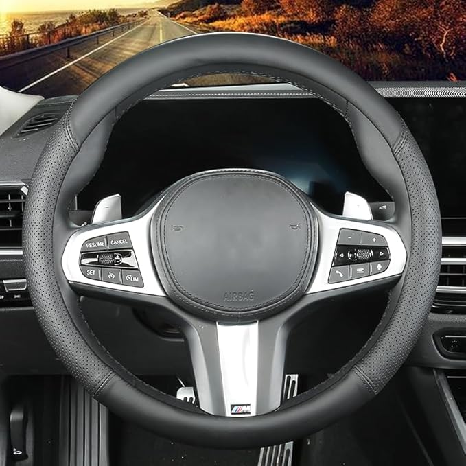 Custom-Fit for Ford Steering Wheel Cover, Genuine Leather Steering Wheel Cover, Non-Slip, Breathable, for Ford Accessories (Black (Black line), for Ford)