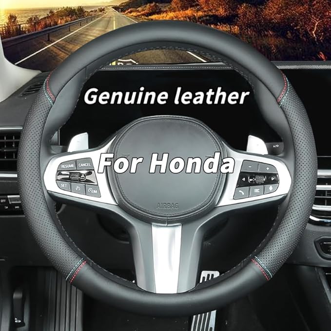 Custom-Fit for Hon-da Steering Wheel Cover, Genuine Leather Steering Wheel Cover, Non-Slip, Breathable, for Hon-da Accessories (Black (red Blue line), for Honda)