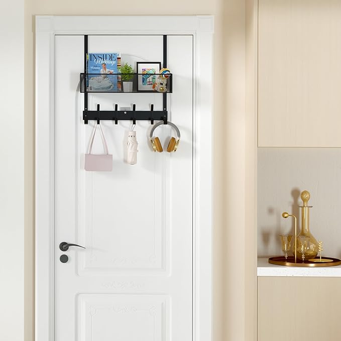 LUCYCAZ Over The Door Hooks - Over Door Organizer, Door Hanger Towel Rack with Mesh Basket & Wreath Hanger, Behind Door Stora