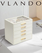 VLANDO 5 Layer Jewelry Box for Women, Glass Lid Jewelry Organizer with 5 Drawers for Necklaces Rings Earrings Bracelets - Clo