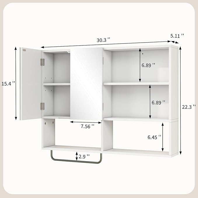 Medicine Cabinet, Wooden Bathroom Wall Cabinet with 2 Doors, Adjustable Shelves & Towel Bar, Over Toilet Storage Cabinet Wall