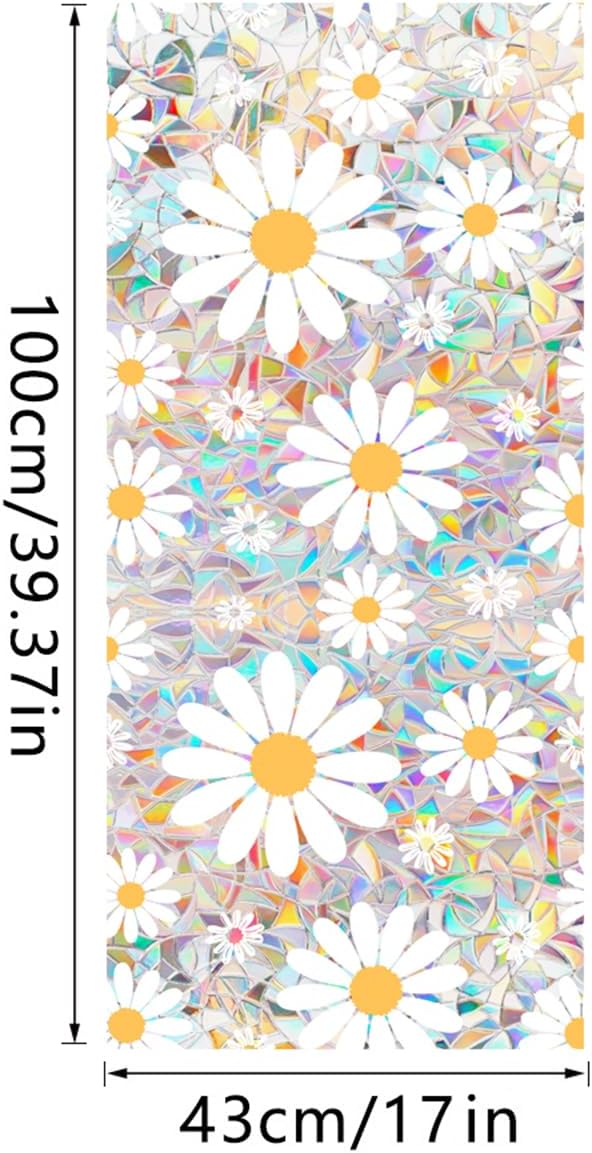 Niviy Window Privacy Film Daisy Flowers Stained Glass Window Film, Sun Blocking Glass Clings, Static Cling Rainbow Sticker Covering for Home Door (16.93 x 39.37inch)