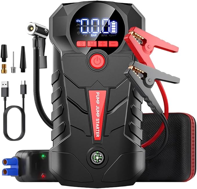 Jump Starter with Air Compressor, 4000A Portable Car Battery Booster, 4-in-1 Car Battery Jump Starter Box (8.5L Gas/6L