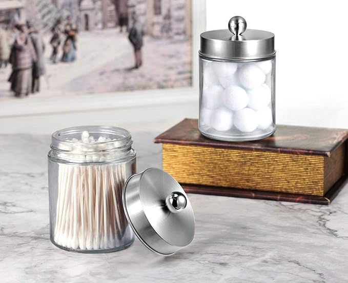 Amolliar 4Pc Apothecary Jars Bathroom Vanity Storage Organizer Set -Countertop Canister with Stainless Steel Lids &Stickers -