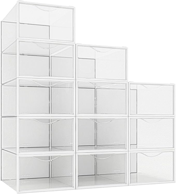 Seseno 12 Pack Shoe Storage Bins, Clear Plastic Stackable Shoe Organizer for Closet, Space Saving Foldable Shoe Rack, Shoe Bo