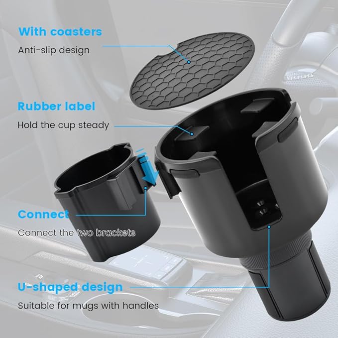 2-in-1 Car Cup Holder Expander, Adjustable Car Extender Adapter with Non-Slip Base - No Spill Cup Holder Extender with 4 Hook