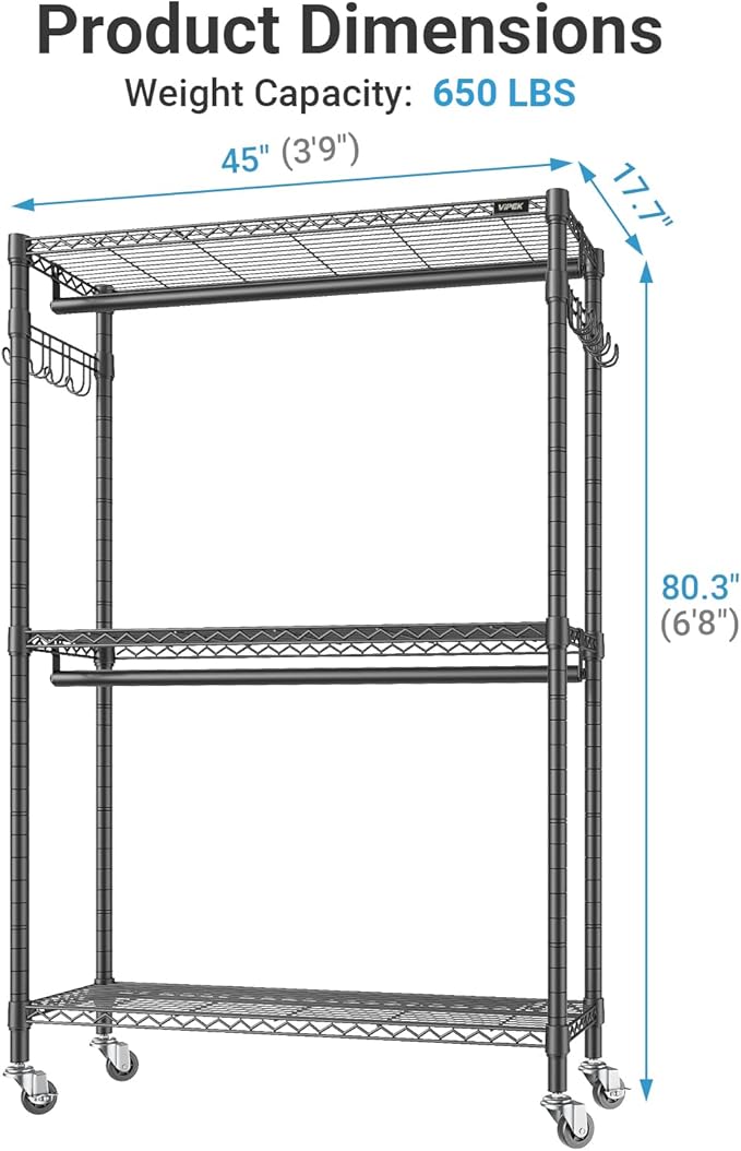 VIPEK R2 Plus Heavy Duty Rolling Garment Rack 3 Tiers Adjustable Wire Shelving Clothes Rack with Double Rods and Side Hooks, 