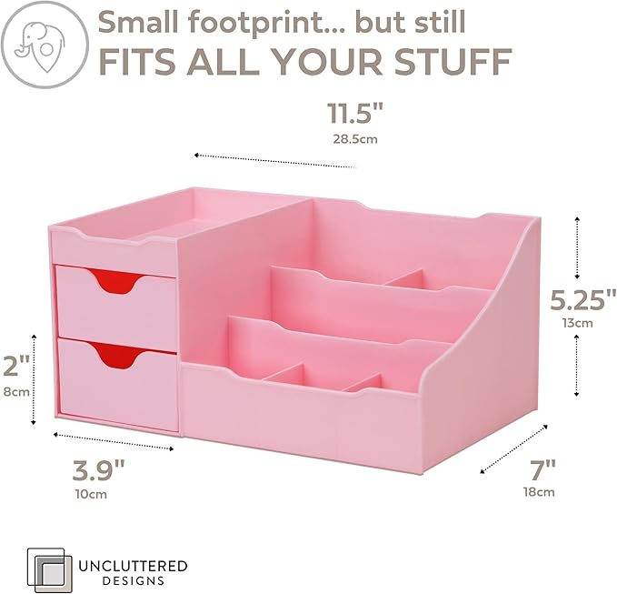 Uncluttered Designs Makeup Organizer With Drawers - Cute Kawaii Countertop Storage for Cosmetics, Pretty Vanity Holder for Pe