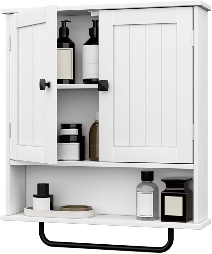 RRX Bathroom Cabinet Wall Mounted Medicine Cabinets with Towels Bar, Over The Toilet Storage Cabinet with 2 Doors and Adjusta