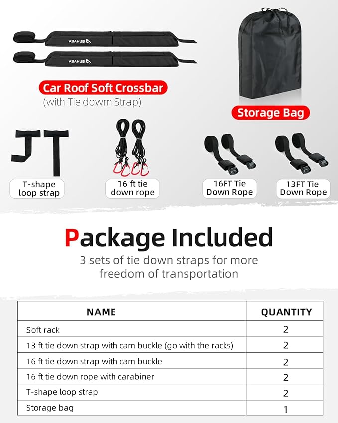 Abahub Soft Roof Rack Pads with 2 Tie Down Straps, 2 Tie Down Ropes, 2 Hood Loops and Storage Bag, for Surfboard, Kayak, Canoe, Heavy Duty Universal Car Roof Racks System