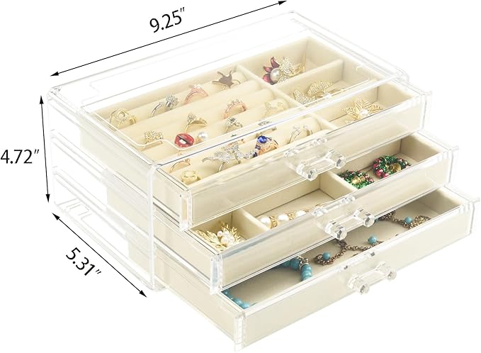 Weiai Acrylic Jewelry Box 3 Drawers, Velvet Jewellery Organizer, Earring Rings Necklaces Bracelets Display Case Gift for Wome