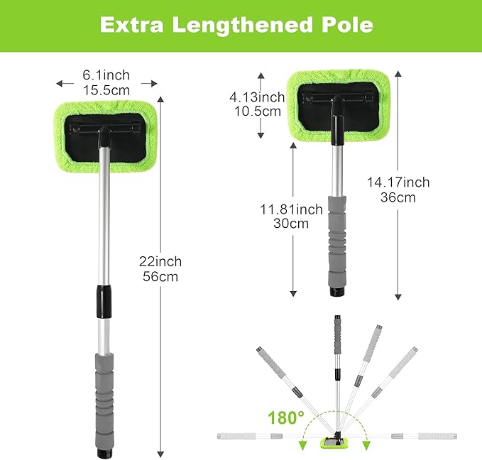 XINDELL Windshield Cleaning Tool for Car – 22inch Extendable Handle Window Cleaner with Reusable Microfiber Pads, Streak-Free