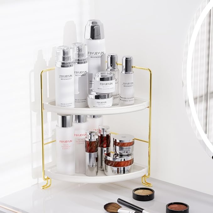 FSyueyun 2-Tier Corner Bathroom Counter Organizer, Tool-Less Installation Vanity Shelf Small Plastics Countertop Makeup Tray 