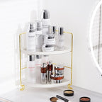 FSyueyun 2-Tier Corner Bathroom Counter Organizer, Tool-Less Installation Vanity Shelf Small Plastics Countertop Makeup Tray 
