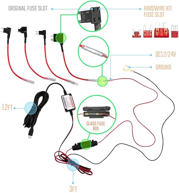 15ft Micro USB & Mini USB Dash Cam & Type-C Hardwire Kit w. Mini(ACS)/LP Mini(ACN)/ATO(ATC or ACU)/Micro2(ACZ) Fuse, Micro to Mini/USB-C Port Adapters & Battery Drain Protection