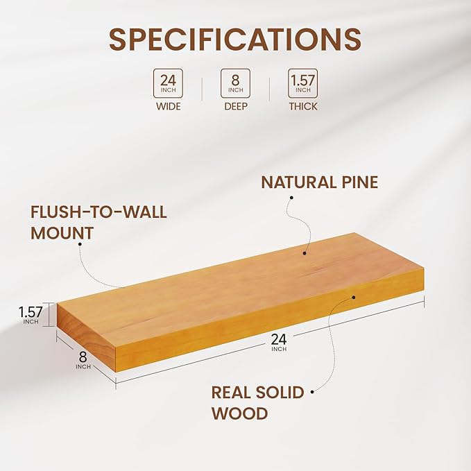 Pine Floating Wall Shelves 24 Inches Long x 8”x 1.4” Wooden Shelf Floating Rustic Farmhouse Decor, Heavy Duty Shelf Hold 60 l
