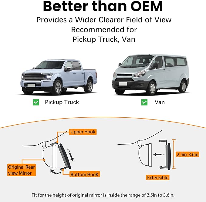 Rear View Mirror, Chrome Anti-glare Panoramic Rear Mirrors Universal 16 Inch Convex Interior Clip on Extra Big Wide Angle Rearview Mirror Extender to Reduce Blind Spot for Pickup Truck Van