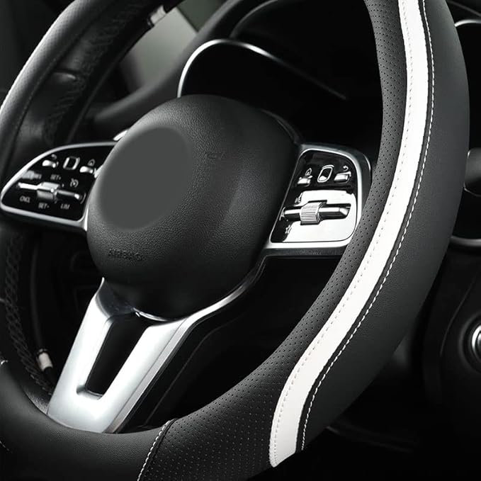 Car Steering Wheel Cover, Leather Steering Wheel Cover White Universal 14.5-15 Inch Microfiber Leather Anti-Slip Breathable A