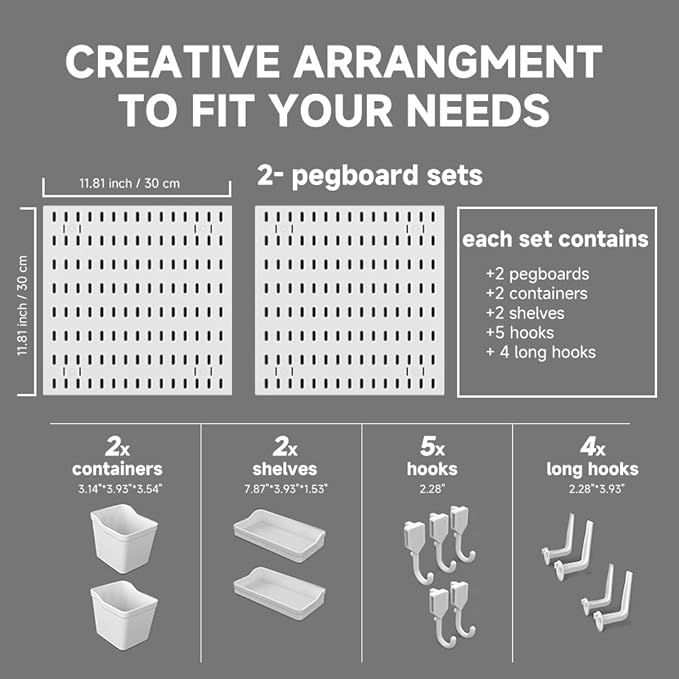 Pegboard Wall Organizer, Wall Mounted Storage Set with 2 Pegboards & 13 Accessories, 23.6" x 11.81" White Peg Board Organizer