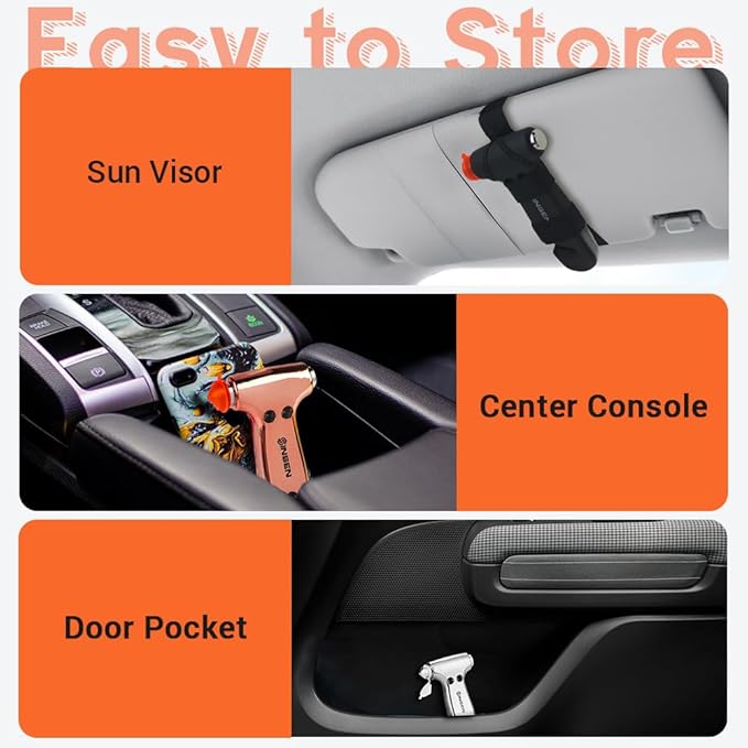 SINSEN Car Window Breaker Seatbelt Cutter, Emergency Tool, Safaty Hammer to Break Glass, Escape Kit for Women, 3-in-1, Neon P