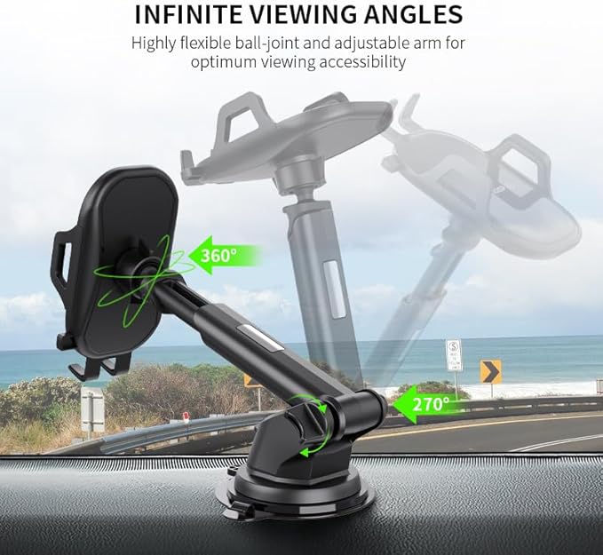 Esoulk One Touch Car Phone Mount - Dashboard & Windshield Cell Phone Holder, Strong Suction Cup Auto Stand with Adjustable Telescopic Arm, 360° Rotation for iPhone, Samsung & All Smartphones