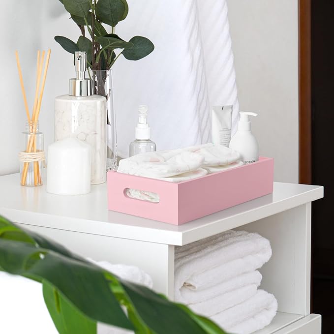 ALELION Pink Bathroom Basket for Organizing - Wooden Toilet Tank Paper Basket with Handle for Back of Toilet Tank Top Organiz