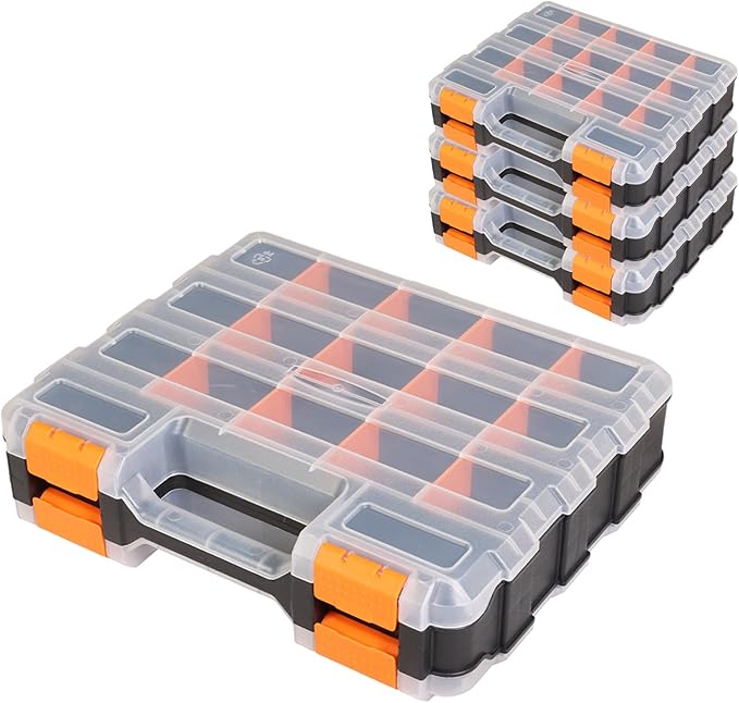 Jack Boss Tool Box with Transparent Lid, Double Side 34-Compartments Organizer Box with Removable Dividers for Hardware, Scre