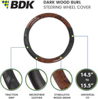 BDK Dark Wood Grain Steering Wheel Cover with Black Faux Leather Comfort Grip, Standard 15 inch Size, Car Steering Wheel Cove