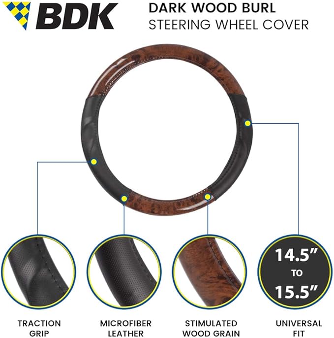 BDK Dark Wood Grain Steering Wheel Cover with Black Faux Leather Comfort Grip, Standard 15 inch Size, Car Steering Wheel Cove