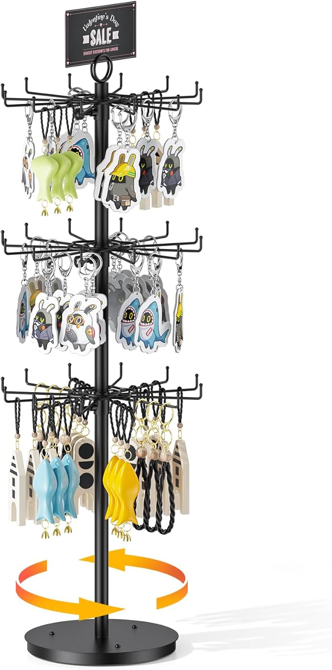 ORLESS 3 Tier Rotating Jewelry Display Stand, Keychain Display Stand with 36 Hooks, Black Metal Retail Display Spinning Holde