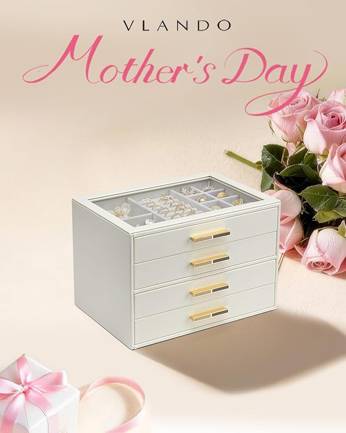 VLANDO 4 Layer Jewelry Box for Women, Glass Lid Jewelry Organizer with 4 Drawers for Necklaces Rings Earrings Bracelets - Clo