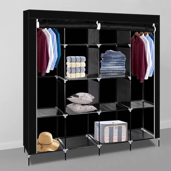 Karlhome 4-Tiers 12 Compartment Canvas Wardrobe, Portable Fabric With Shelves and Cover for Hanging Clothes, Clothes Rail Wit