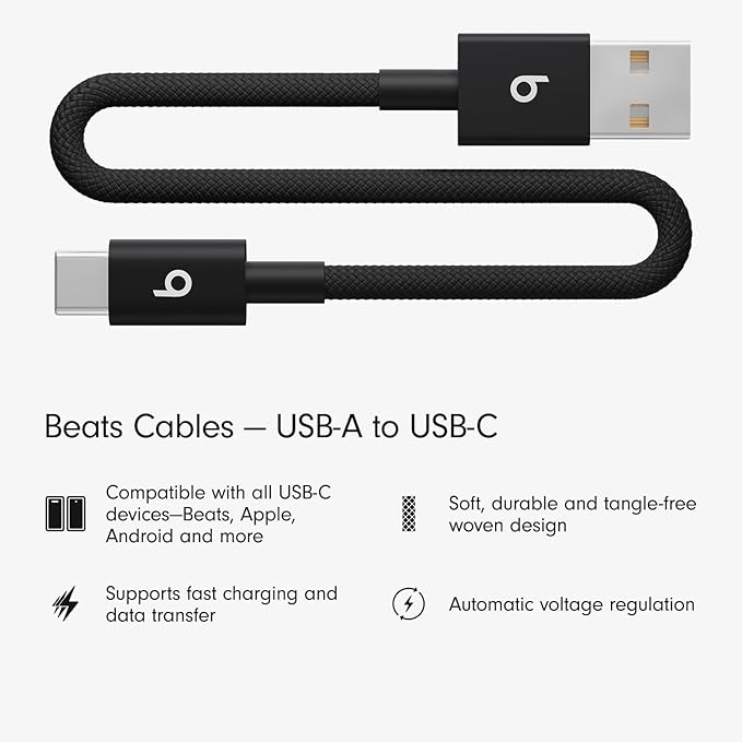 Beats USB-A to USB-C Woven Short Cable Fast Charging Durable/Tangle-Free Compatible Charger for Apple & Android Devices (8 in