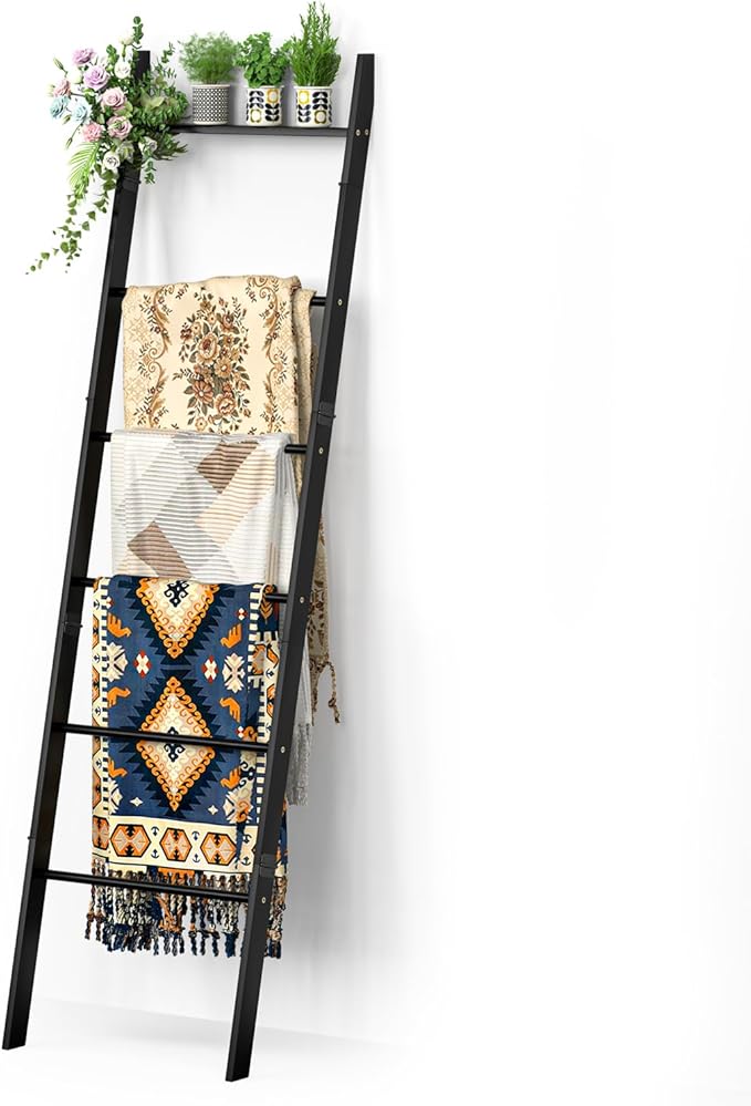 BAMBANG 6-Tier Blanket Ladder for Living Room, Blanket Quilt Ladder Rack Rustic Decorative Towel Holder, Wall Leaning Blanket