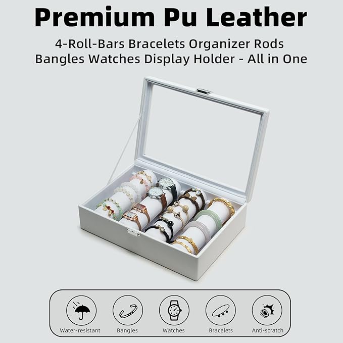 Bracelets Organizer Rods Bangles Display Holder, Clear See through Lid Leather Velvet Jewelry Storage Box Case for Women, 4 R