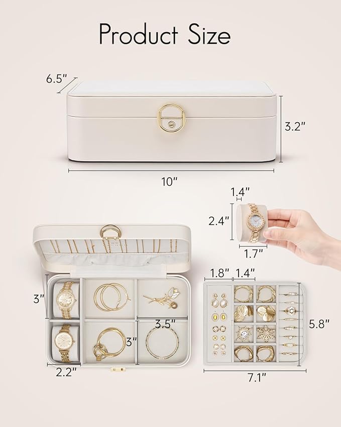 Vlando 2 Layer Jewelry Box,Jewelry Organizer Storage Lockable Earring Organizer Removable Jewelry Tray with Watch Pillow for 
