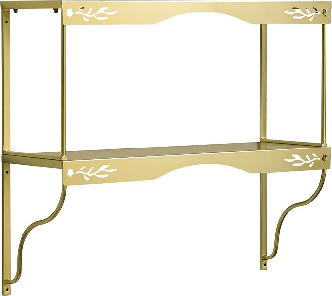 Elegant Gold Wall Shelf — 2 Tier Decorative Metal Storage Floating Shelf with Openwork Floral Pattern, 20" x 24"