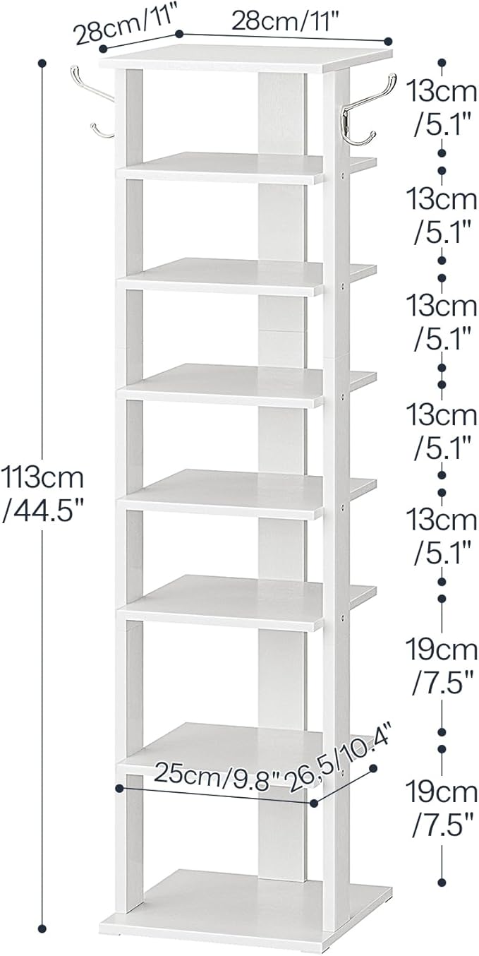 HOOBRO 8 Tiers Vertical Shoe Rack, Wooden Shoe Storage Organizer with Hooks, Narrow Shoe Tower for 8 Pairs, Space Saving, for