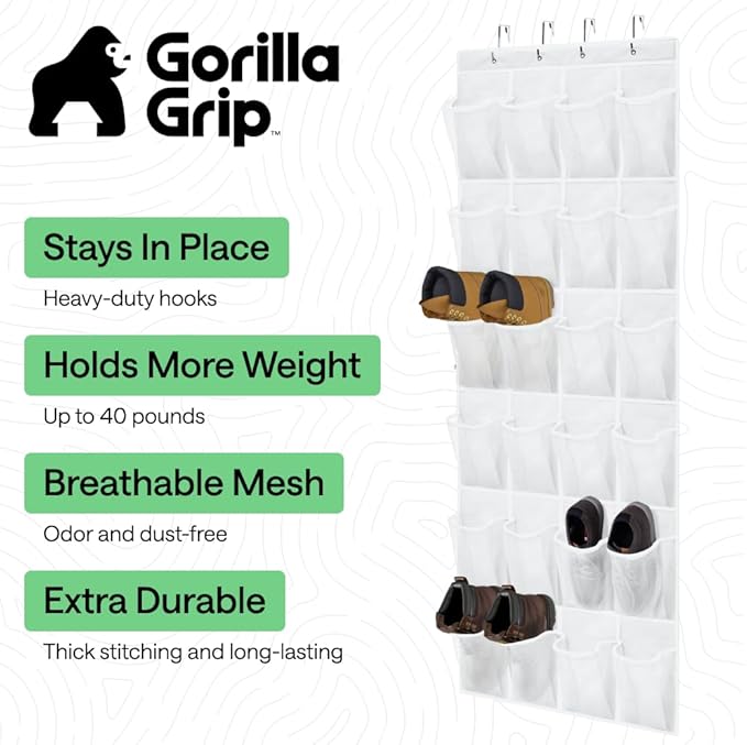 GORILLA GRIP Over the Door Shoe Organizer, 24 Extra Large Breathable Mesh Pockets, Space Saving Hanging Storage Holder, 4 Hoo