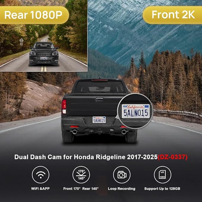 Fitcamx 2K Dual Dash Cam for 2017-2025 Honda Ridgeline RT RTS RTL Trail Sport Black Edition (DZ-0337), OEM Look, Front 1440P+
