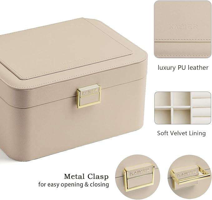 KAMIER Jewelry Organizer,2 Layer Jewelry Organizer Box for Earrings Bracelets Rings Necklaces,Luxury Leather & Soft Velvet Li
