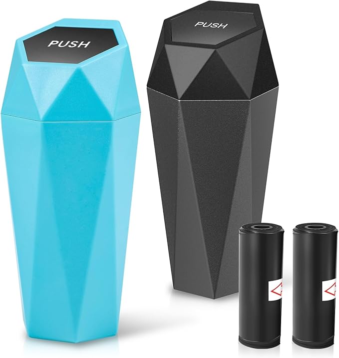 Auto Dynasty Car Trash Can with Lid, Blue Black Car Garbage Can Cup Holder for Interior, 2 Pack Mini Leakproof Garbage Can with 30Pcs Trash Bags, Multipurpose Storage Organizer for Vehicle Home Office